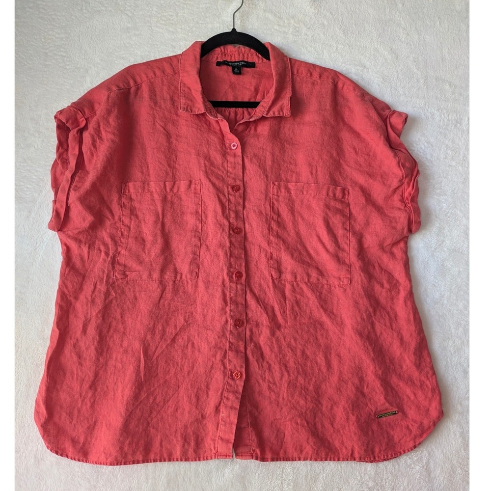 Marc New York Linen Shirt Women XL Coral Red Short Sleeve Pocket Top